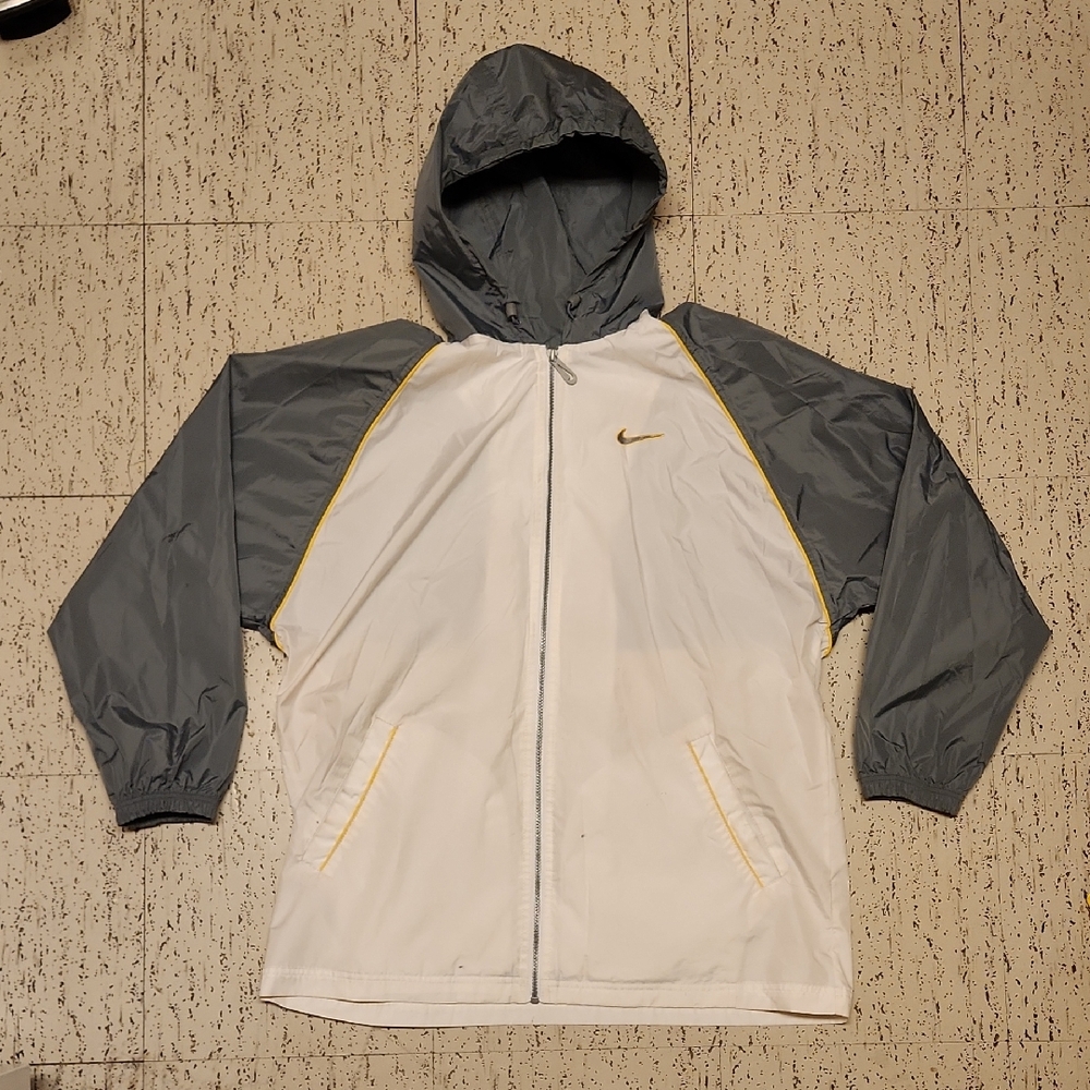Nike White & Gray Spellout Full Zip Baggy Fit Windbreaker Jacket Vintage 90s